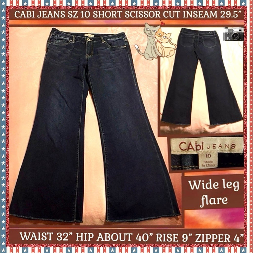 GUC SZ 10 INKY BLUE DARK WASH CABI JEANS WIDE LEG INS 29.5”,WAIST 32”,Rise 9”